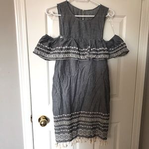 Chambray/blue coloured off the shoulder dress